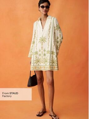 FEW MODA ANAYA  Cream Tunic Dress with Green Palm Motif
